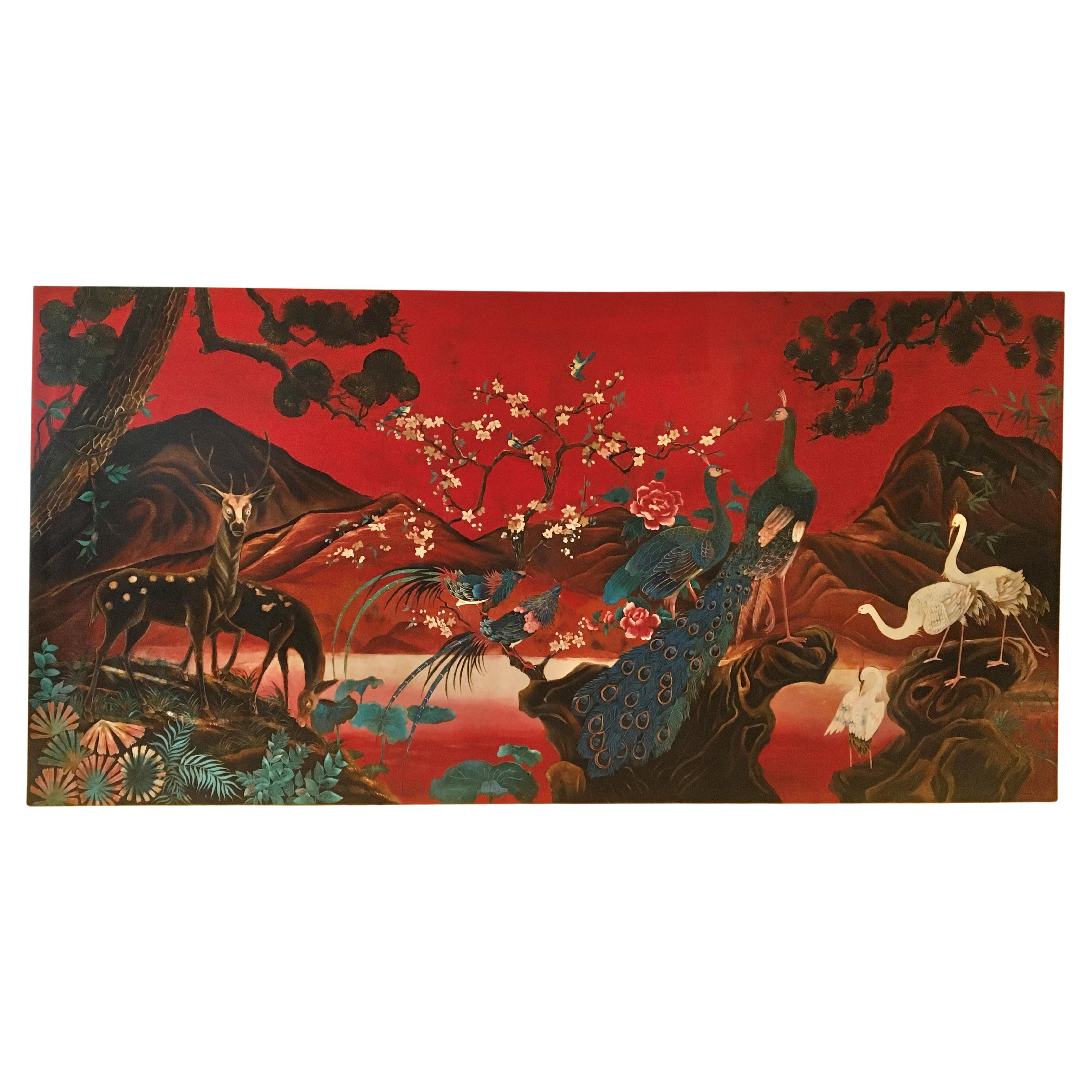 XL Asian Wall Panel with Peacock, Birds of Paradise, Cranes and Deers, 1990s For Sale