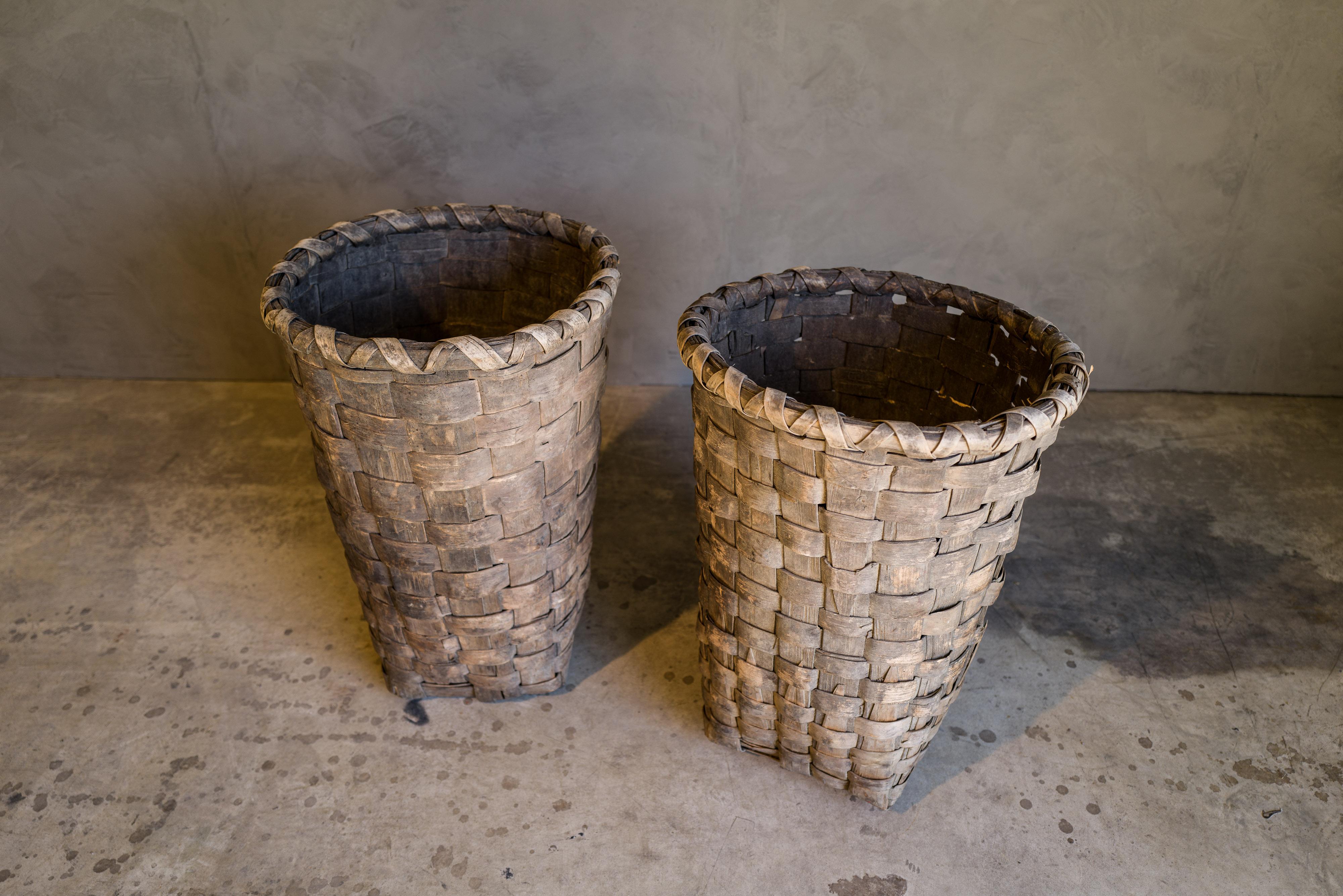 Extra large baskets from Portugal, circa 1950. Rare models with fantastic use and patina.