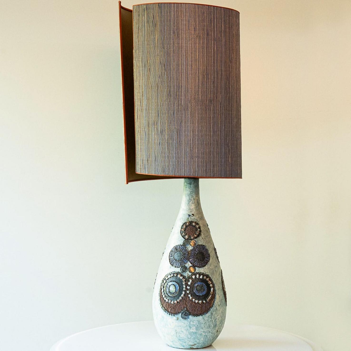 Mid-Century Modern XL Beige Blue Ceramic Floor Table Lamp, New Lampshade by R. Houben, 1970 For Sale