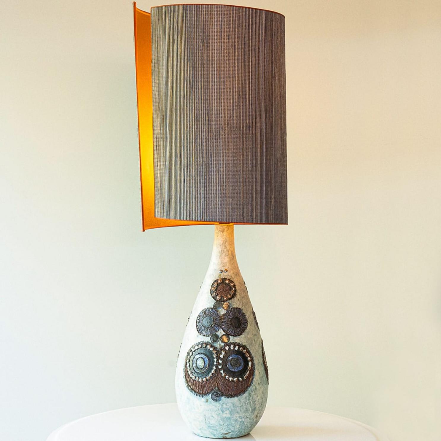 Français XL Beige Blue Ceramic Floor Table Lamp, New Lampshade by R. Houben, 1970 en vente