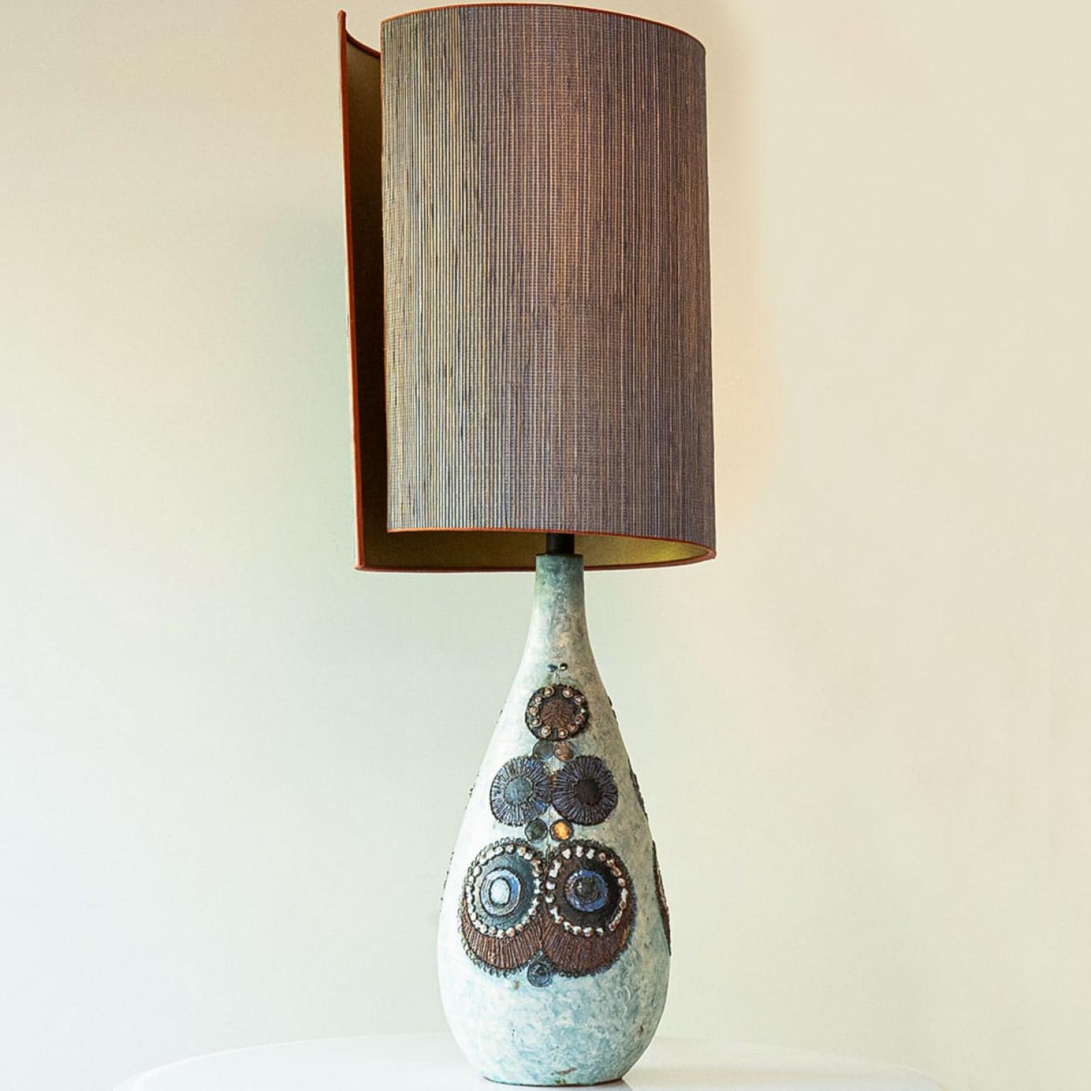 Other XL Beige Blue Ceramic Floor Table Lamp, New Lampshade by R. Houben, 1970 For Sale