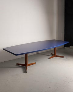 XL Belgian BULO blue top dining/conference table and metal + wood base