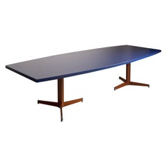 XL Belgian BULO blue top dining/conference table and metal + wood base