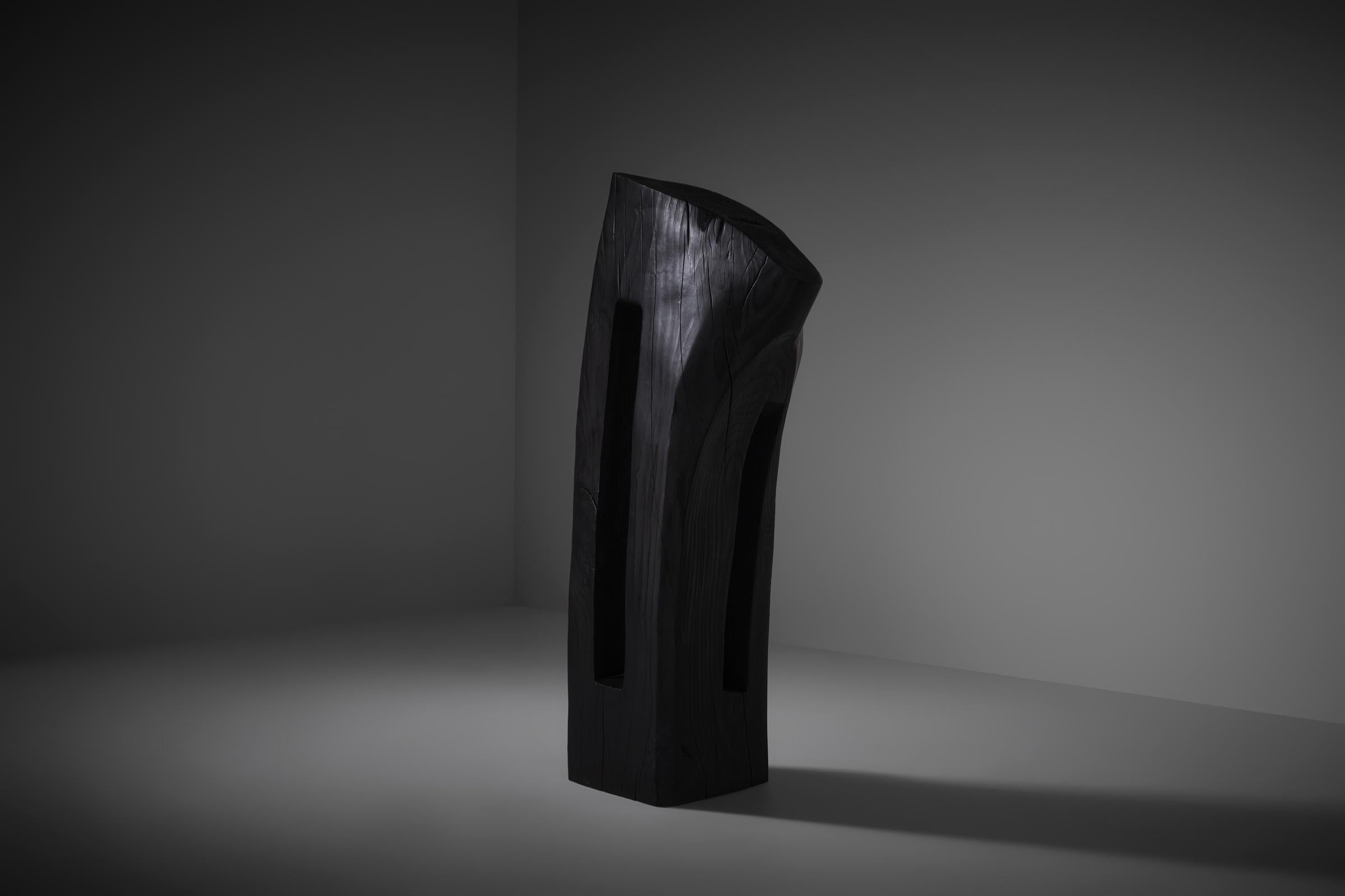 XL Black Abstract cubistic wooden sculpture, France 1970s For Sale 1