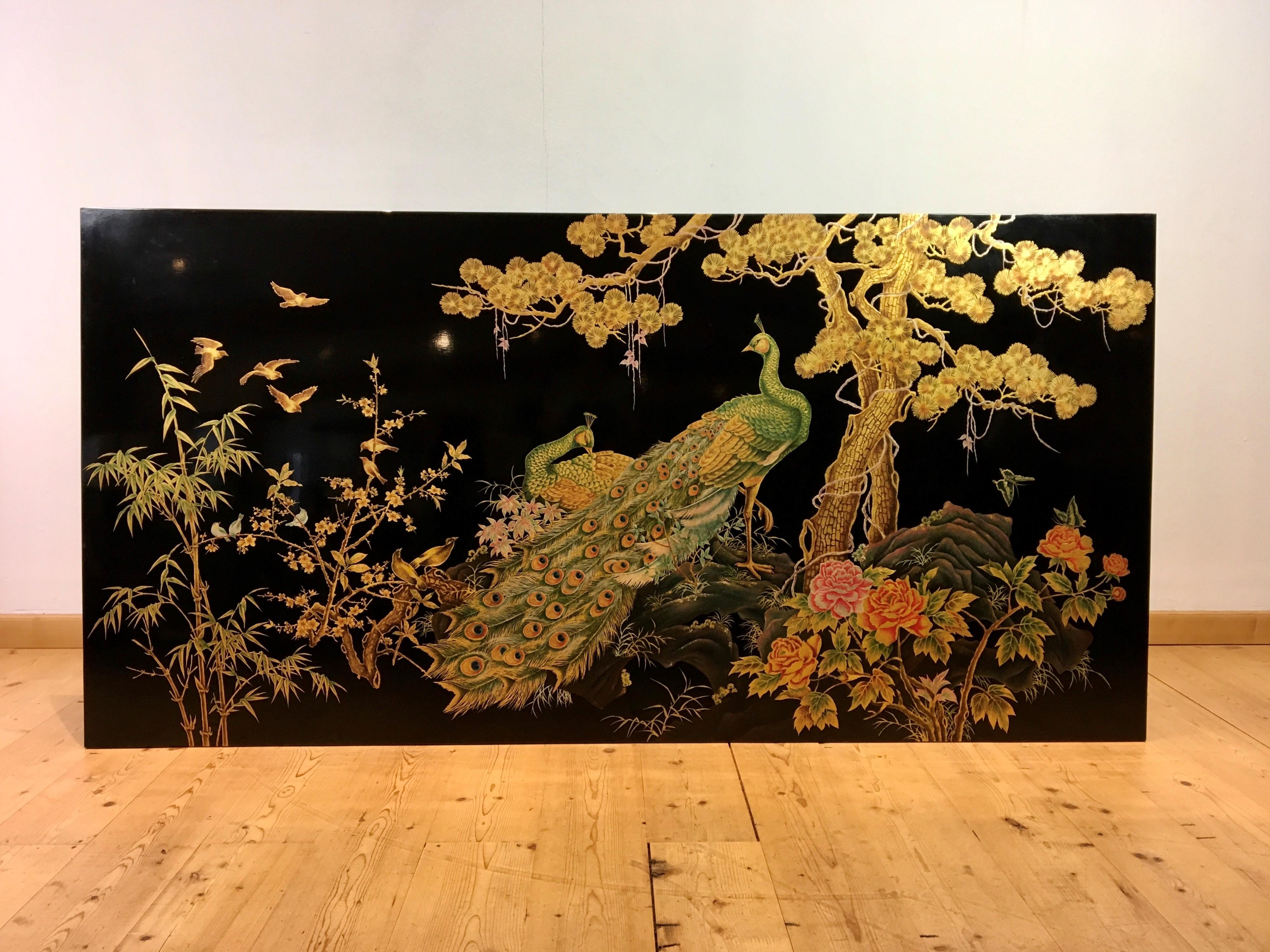 Panneau mural asiatique XL Paon et oiseaux, années 1990 en vente 11