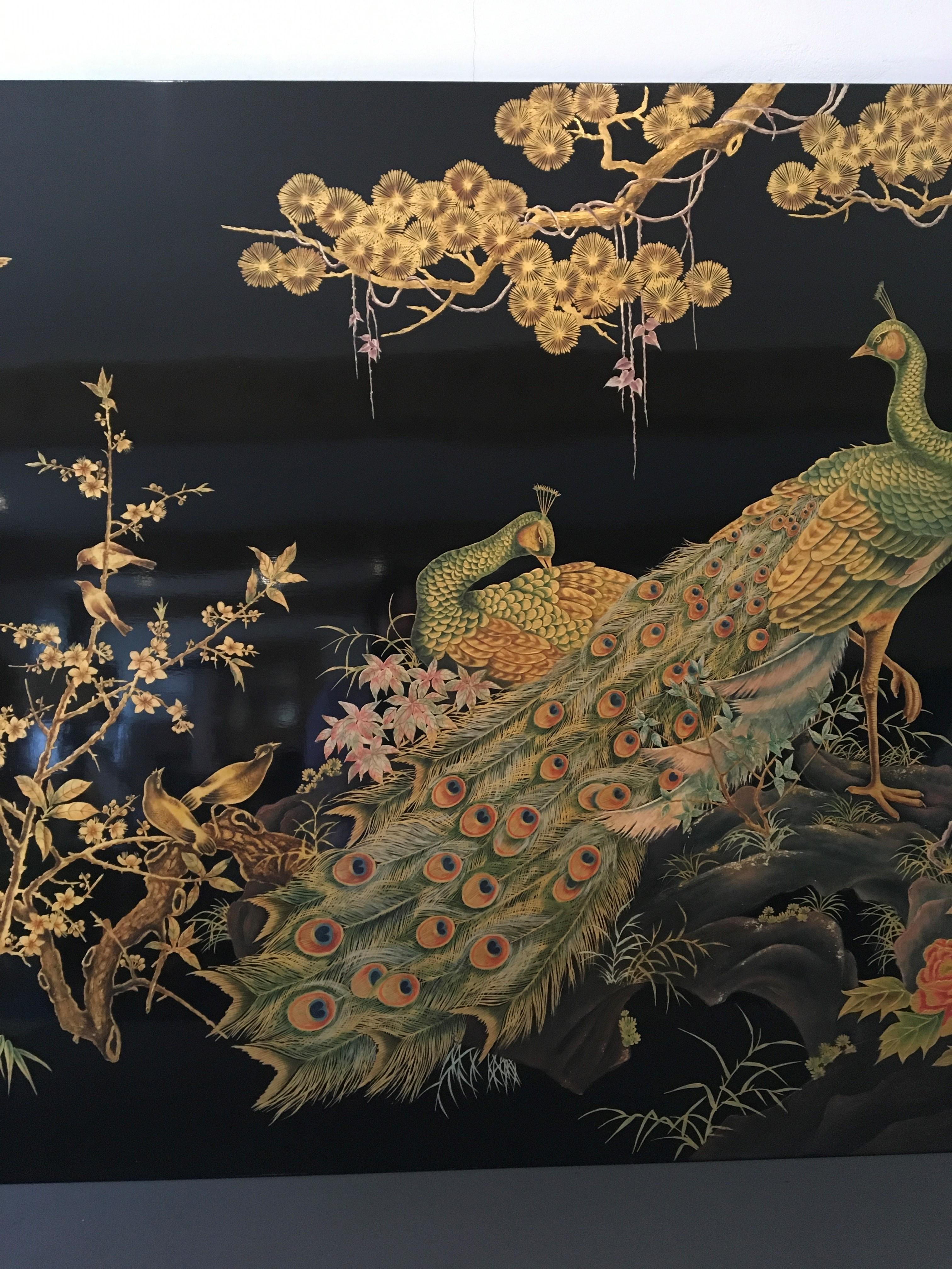 Moderne Panneau mural asiatique XL Paon et oiseaux, années 1990 en vente