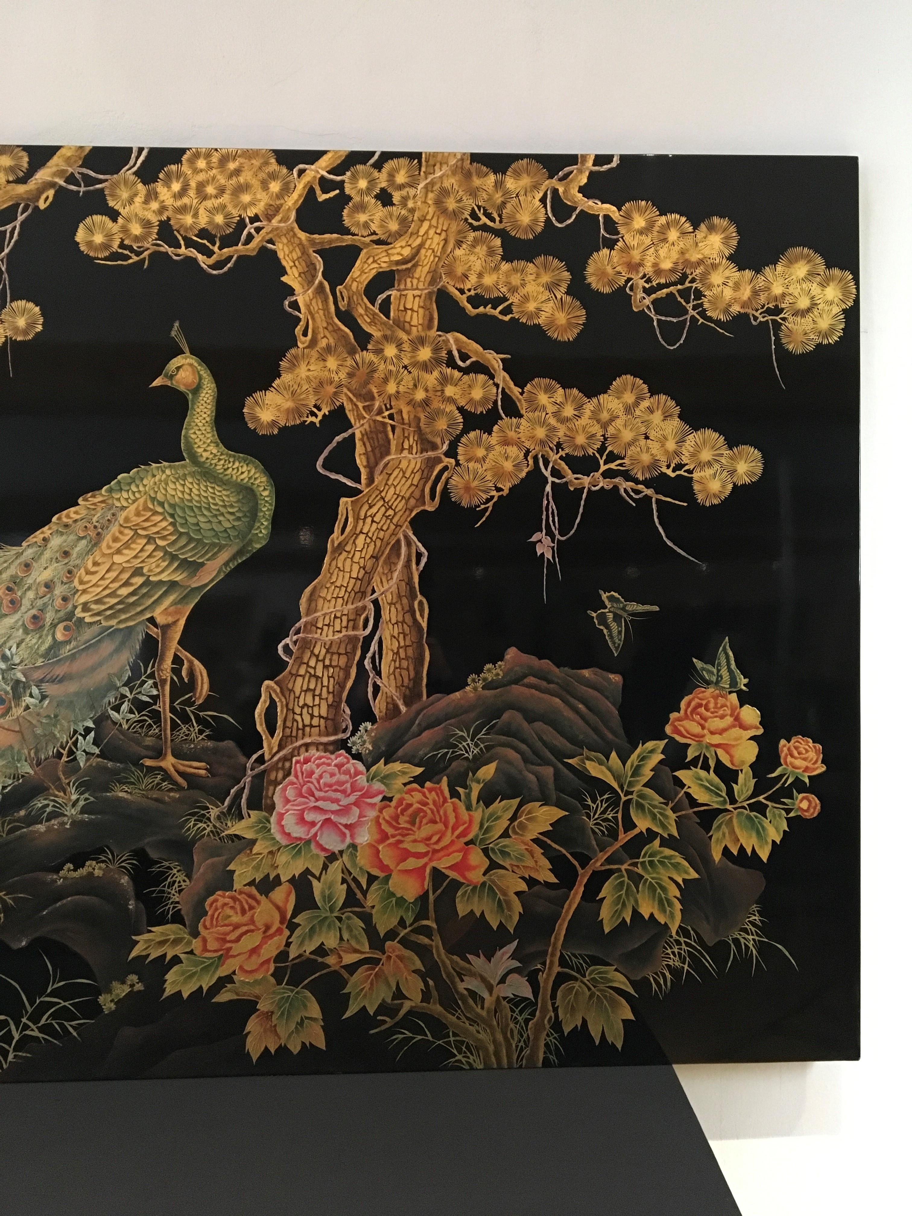 Lacquered XL Asian Wall Panel Peacock and Birds, 1990s For Sale