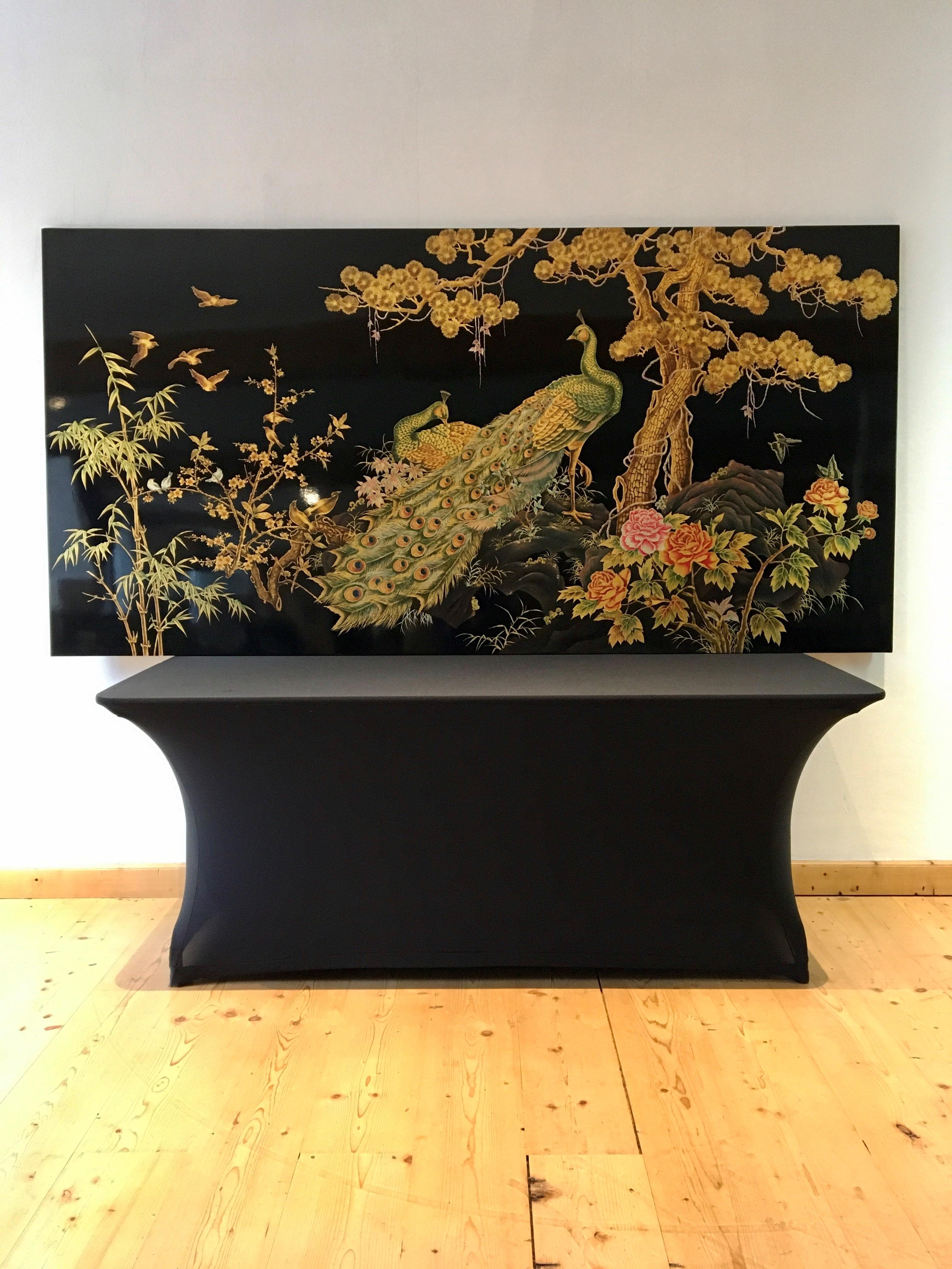 20th Century XL Asian Wall Panel Peacock and Birds, 1990s For Sale