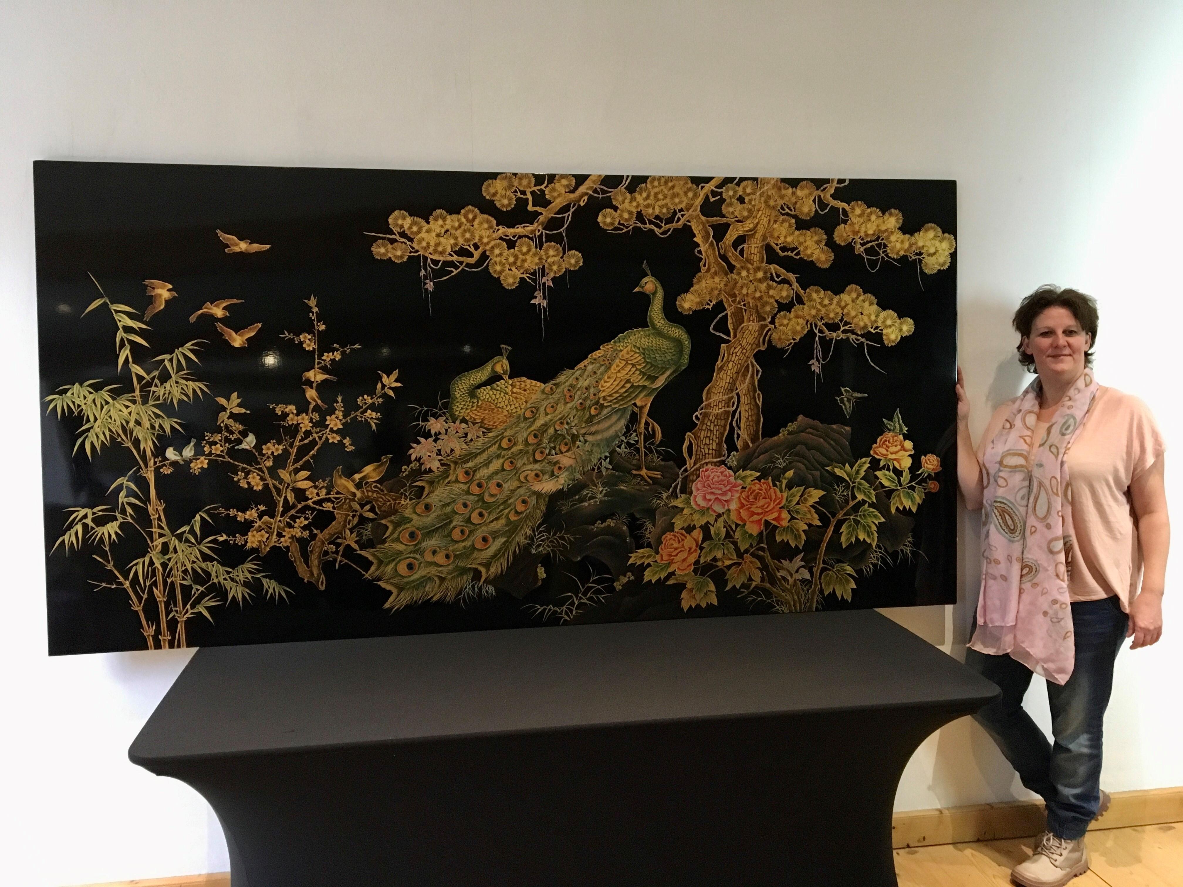 Bois Panneau mural asiatique XL Paon et oiseaux, années 1990 en vente