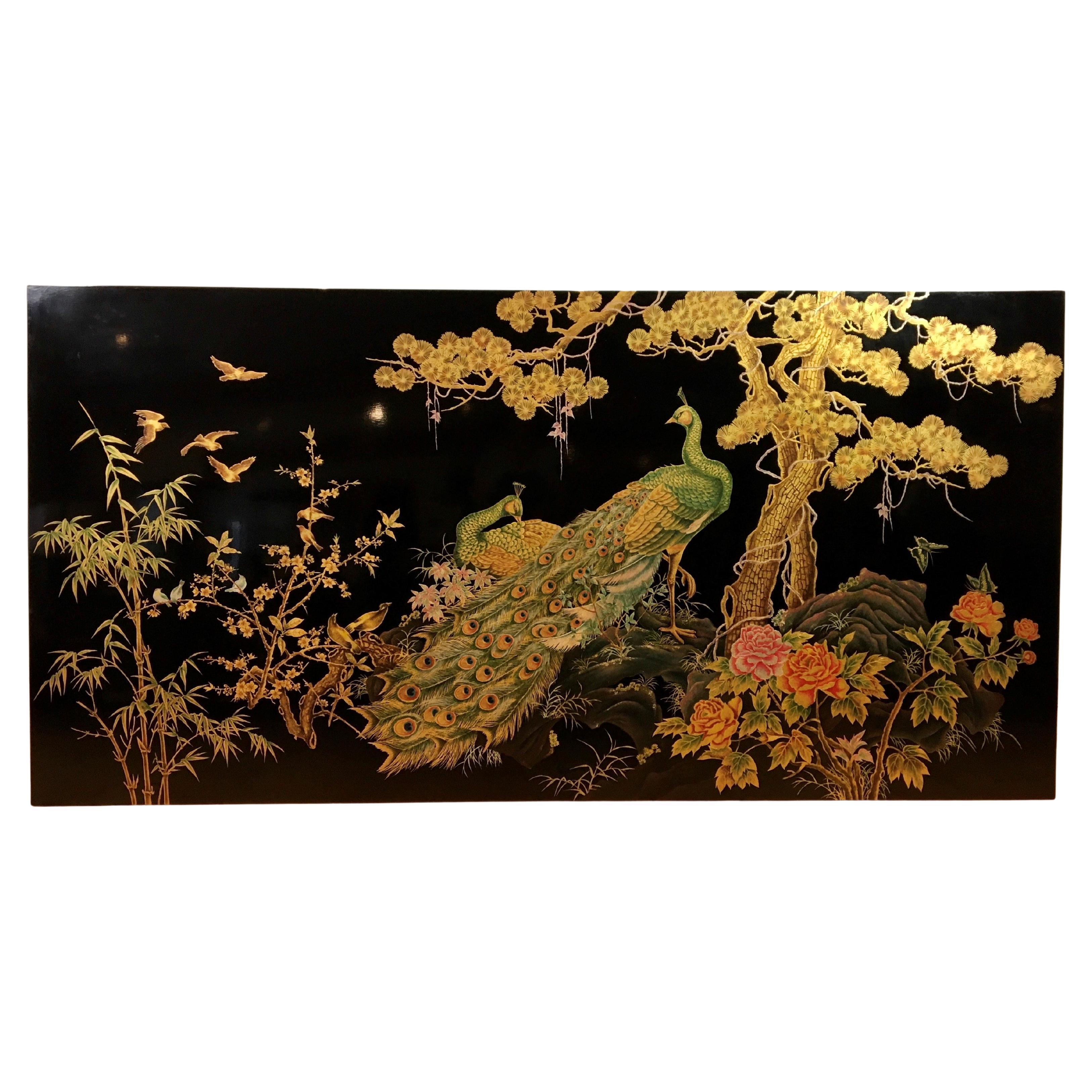 Panneau mural asiatique XL Paon et oiseaux, années 1990 en vente