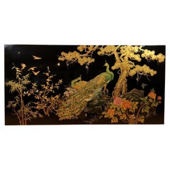 Vintage XL Asian Wall Panel Peacock and Birds, 1990s