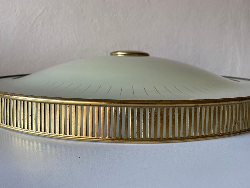 Mid-Century Modern XL Brass and Glass Flush Mount Ceiling Lamp by Hillebrand, 1960s, Germany