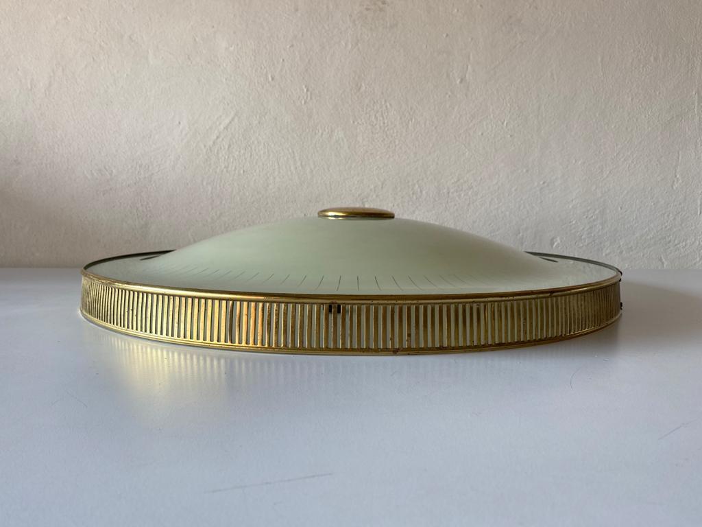 XL Brass and Glass Flush Mount Ceiling Lamp by Hillebrand, 1960s, Germany In Good Condition In Hagenbach, DE