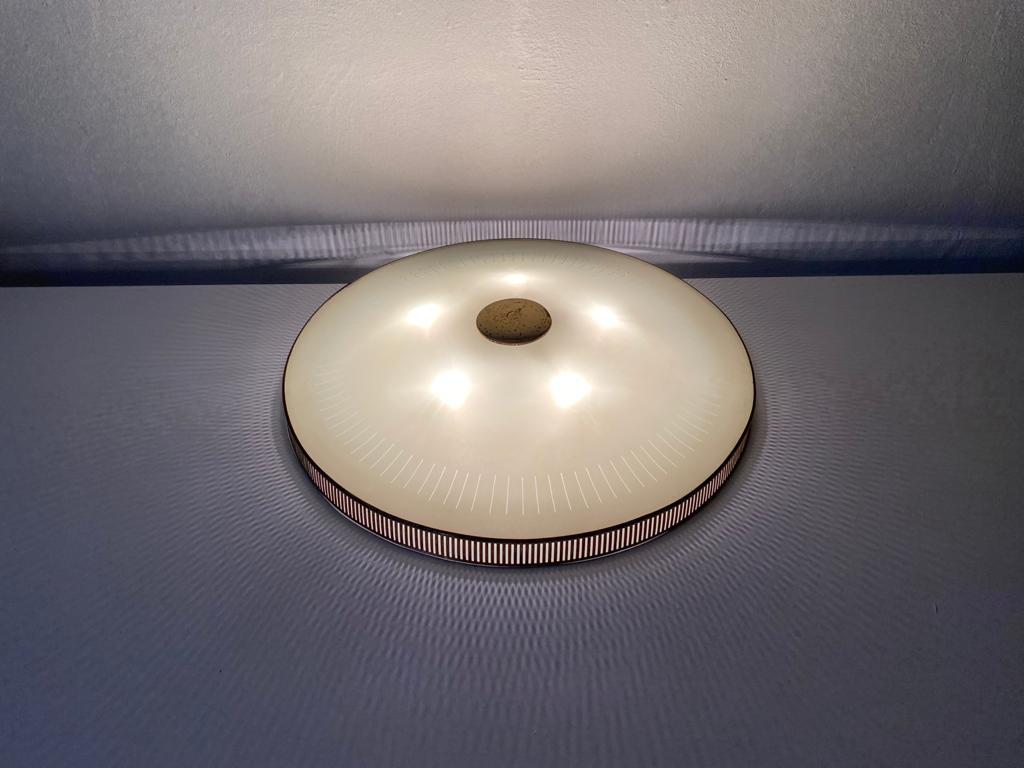 Metal XL Brass and Glass Flush Mount Ceiling Lamp by Hillebrand, 1960s, Germany