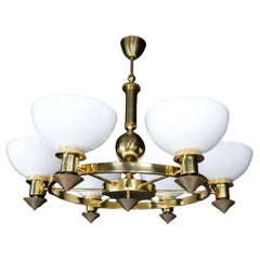 XL Brass and White Opaline Glass Chandeliers, Italy, 1970s