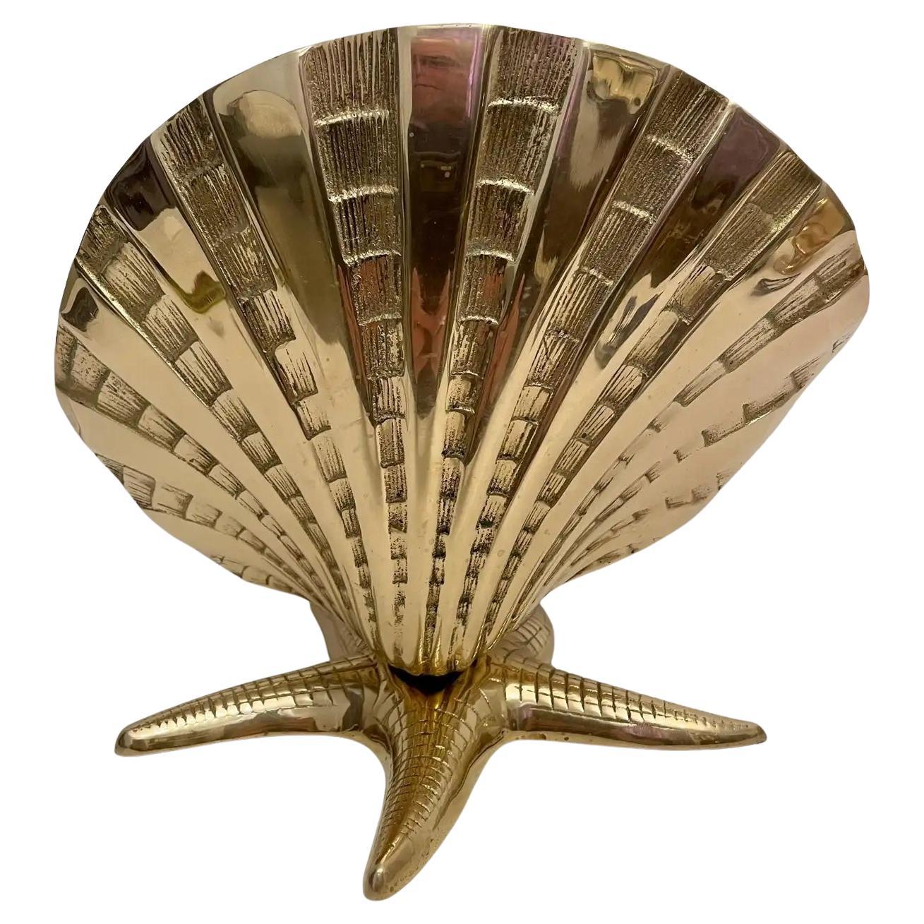XL Brass Nautical Clam Shell coquillage sur base d'étoile de mer jardinière ou sculpture. 13