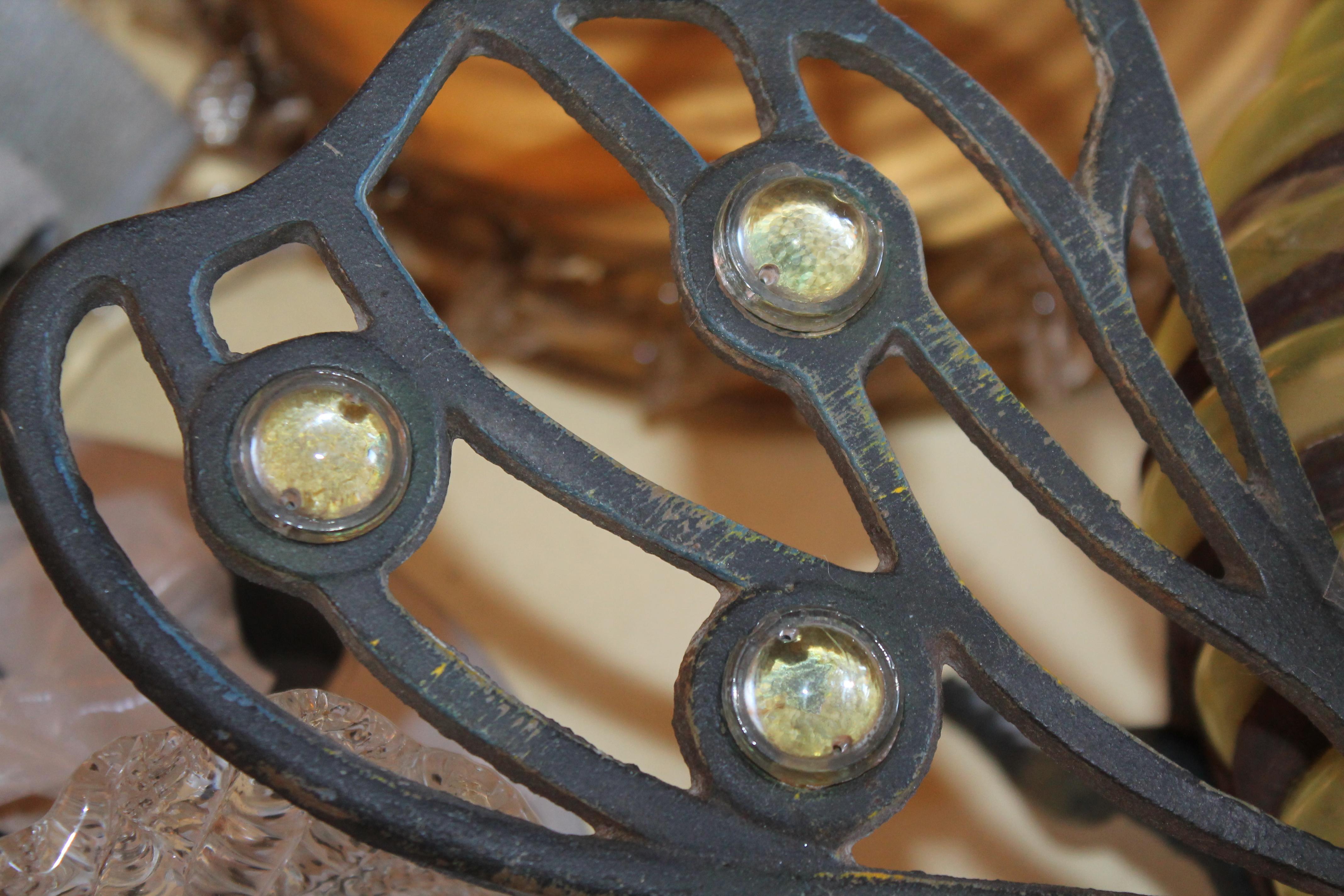 XL c1890 Art Nouveau Iron with Art Glass Bumble Bee Sculpture/ Table Lamp For Sale 9