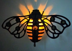 XL c1890 Art Nouveau Iron with Art Glass Bumble Bee Sculpture/ Table Lamp