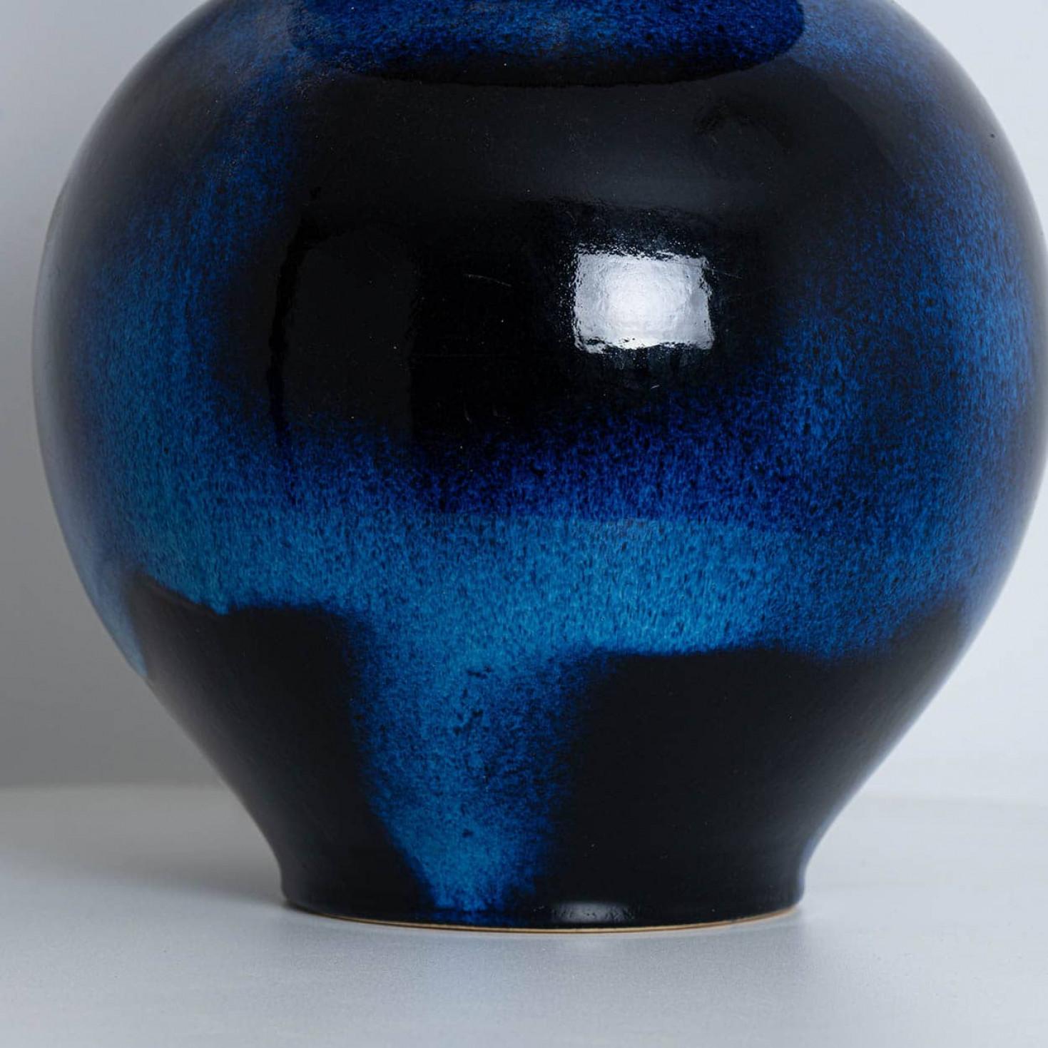 XL Ceramic Floor Table Lamp Cobalt Blue, Multicolor Silk Lampshade by R. Houben For Sale 3