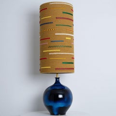 XL Ceramic Floor Table Lamp Cobalt Blue, Multicolor Silk Lampshade by R. Houben