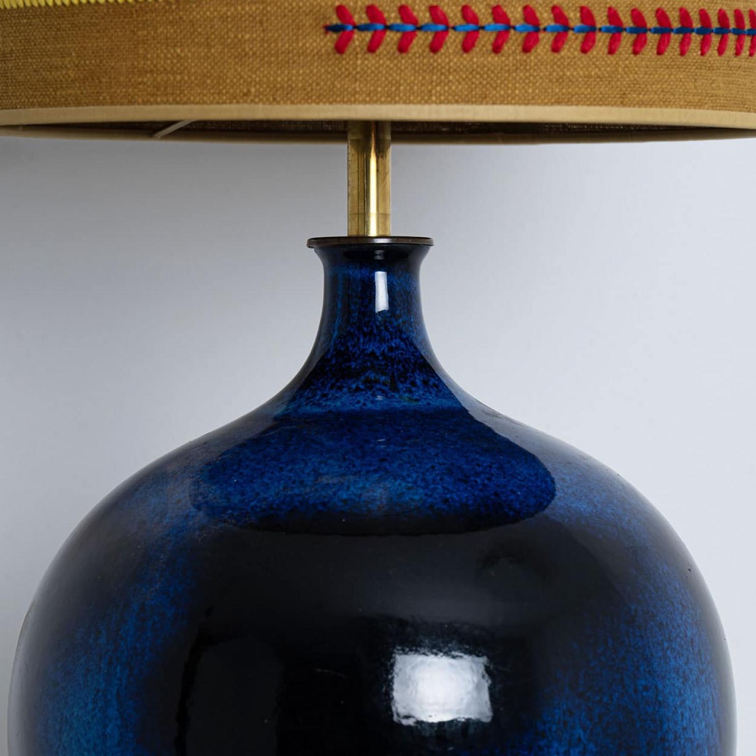 French XL Ceramic Floor Table Lamp Cobalt Blue, Multicolor Silk Lampshade by R. Houben For Sale