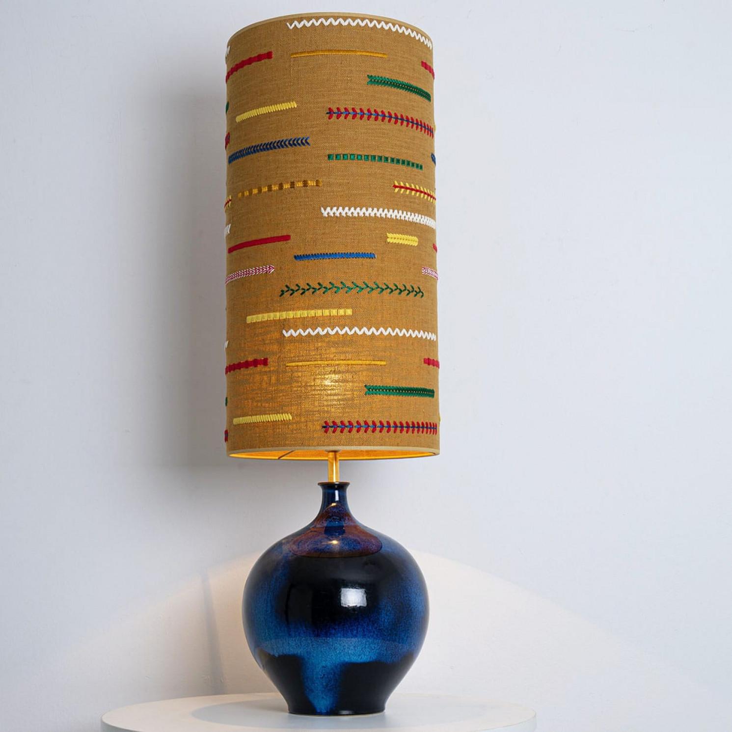 Other XL Ceramic Floor Table Lamp Cobalt Blue, Multicolor Silk Lampshade by R. Houben For Sale