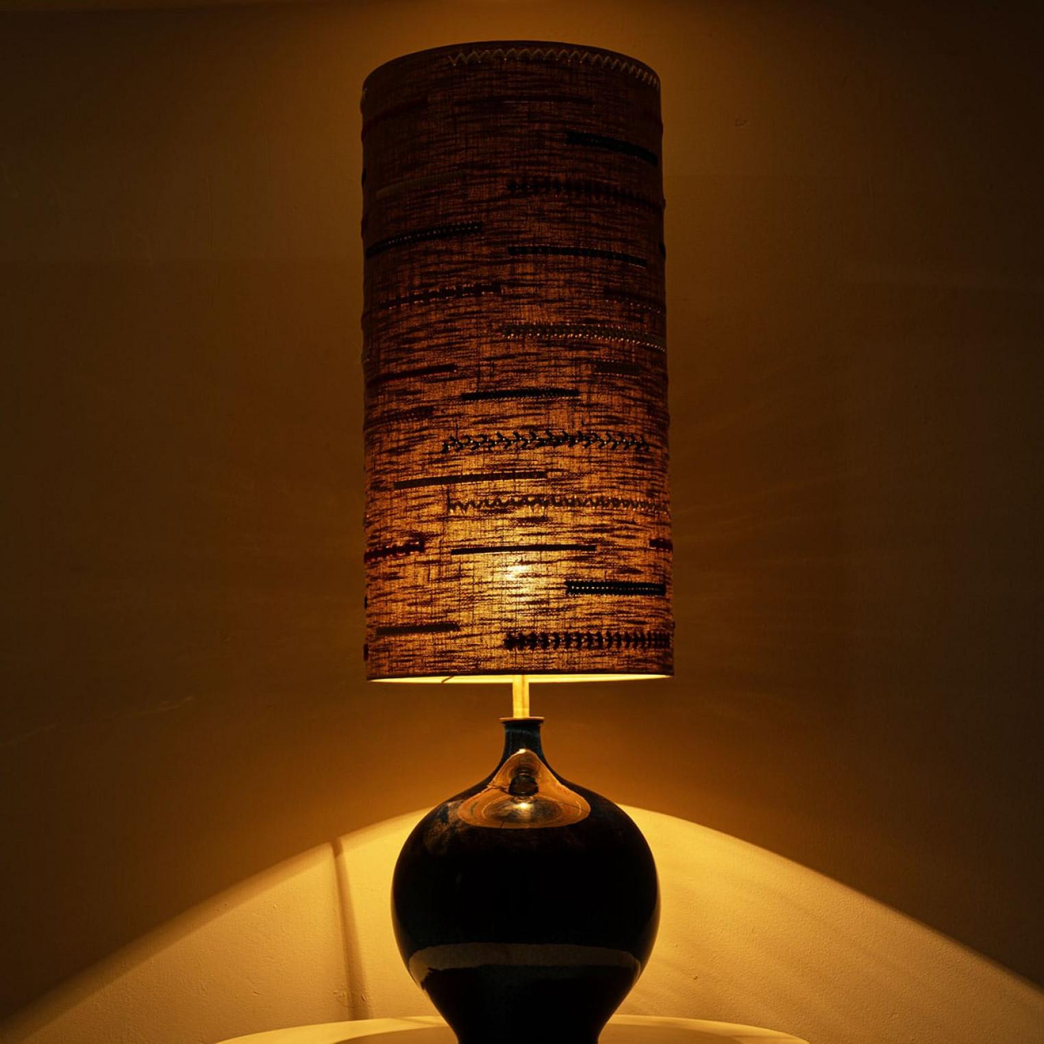 XL Ceramic Floor Table Lamp Cobalt Blue, Multicolor Silk Lampshade by R. Houben In Good Condition For Sale In Rijssen, NL