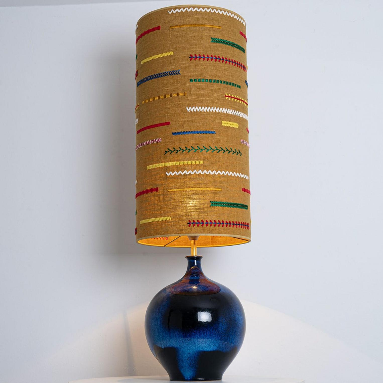 Late 20th Century XL Ceramic Floor Table Lamp Cobalt Blue, Multicolor Silk Lampshade by R. Houben For Sale