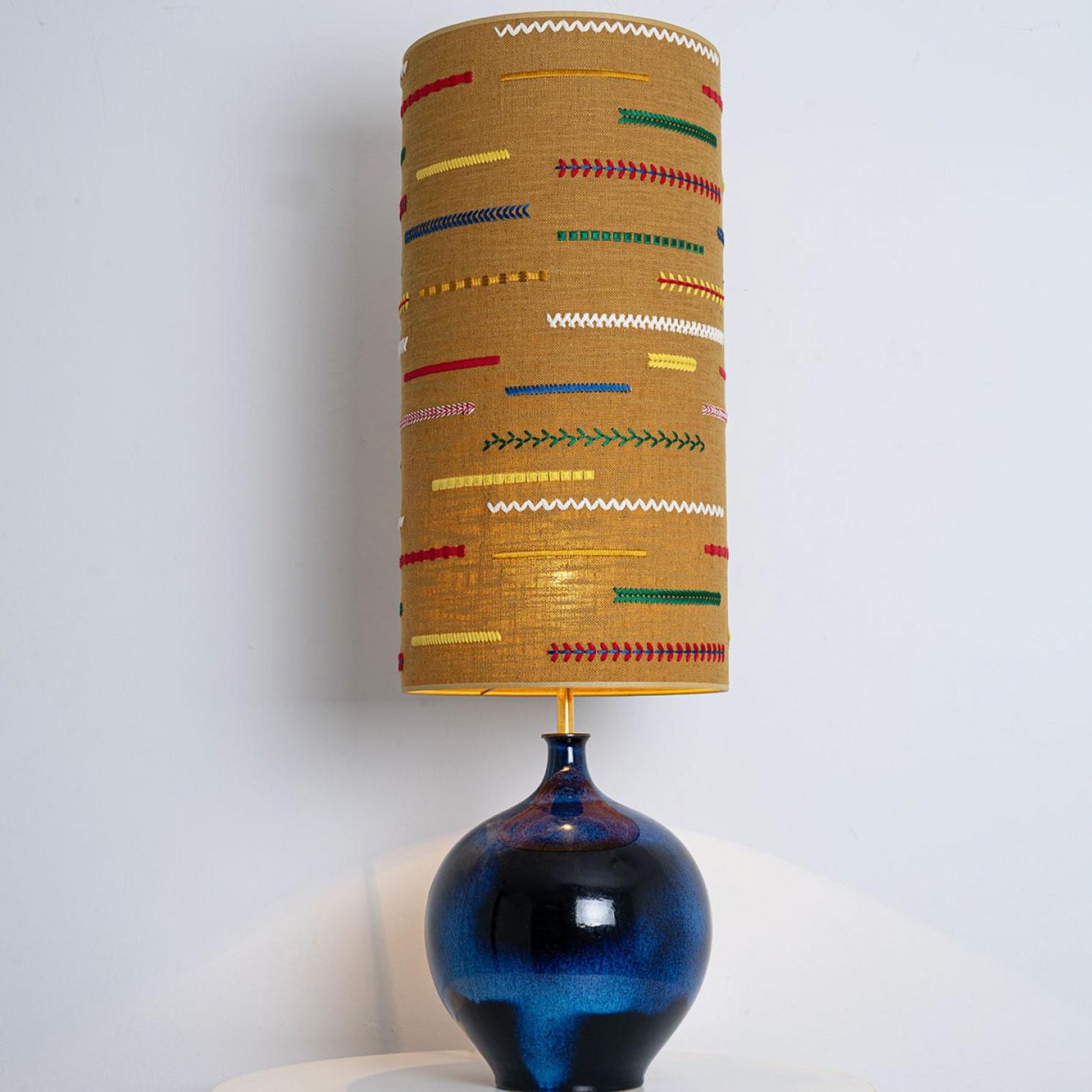 XL Ceramic Floor Table Lamp Cobalt Blue, Multicolor Silk Lampshade by R. Houben For Sale 1