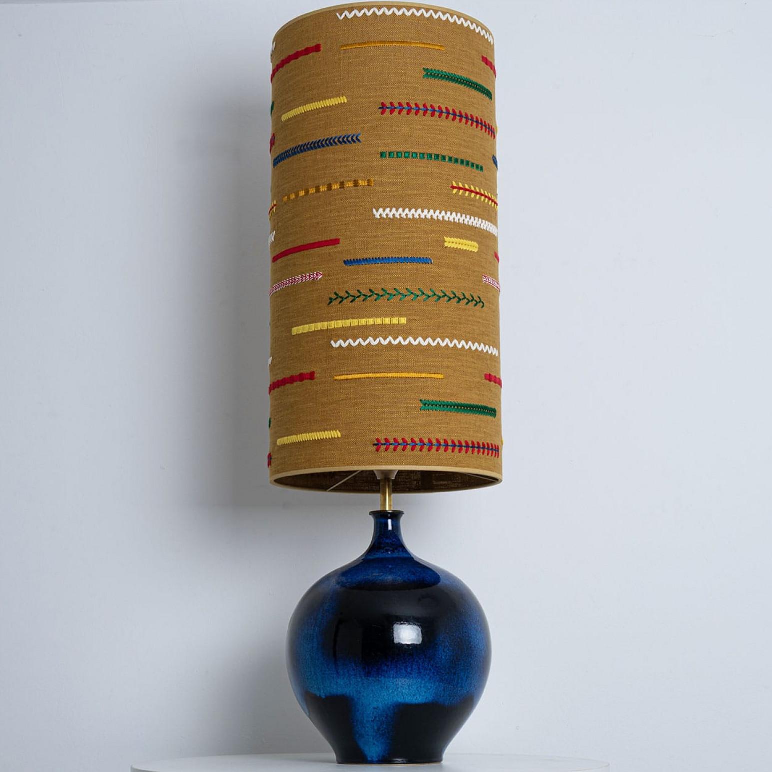XL Ceramic Floor Table Lamp Cobalt Blue, Multicolor Silk Lampshade by R. Houben For Sale 2
