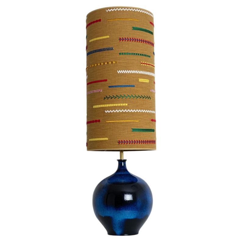 XL Ceramic Floor Table Lamp Cobalt Blue, Multicolor Silk Lampshade by R. Houben For Sale