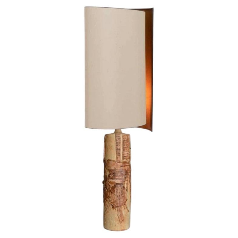 XL Ceramic Table Lamp B. Rooke, Beige Silk Lampshade by R. Houben, 1970 For Sale