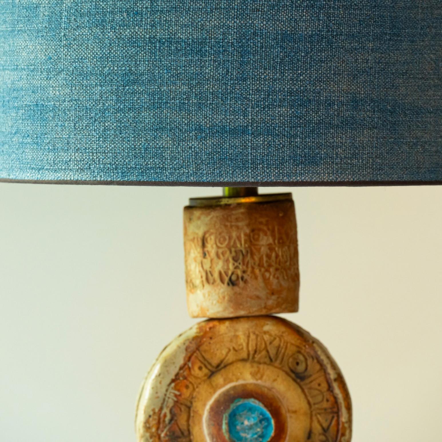 XL Keramik-Tischlampe von B. Rooke, neu, blauer Lampenschirm von R. Houben, 1970 (Französisch)