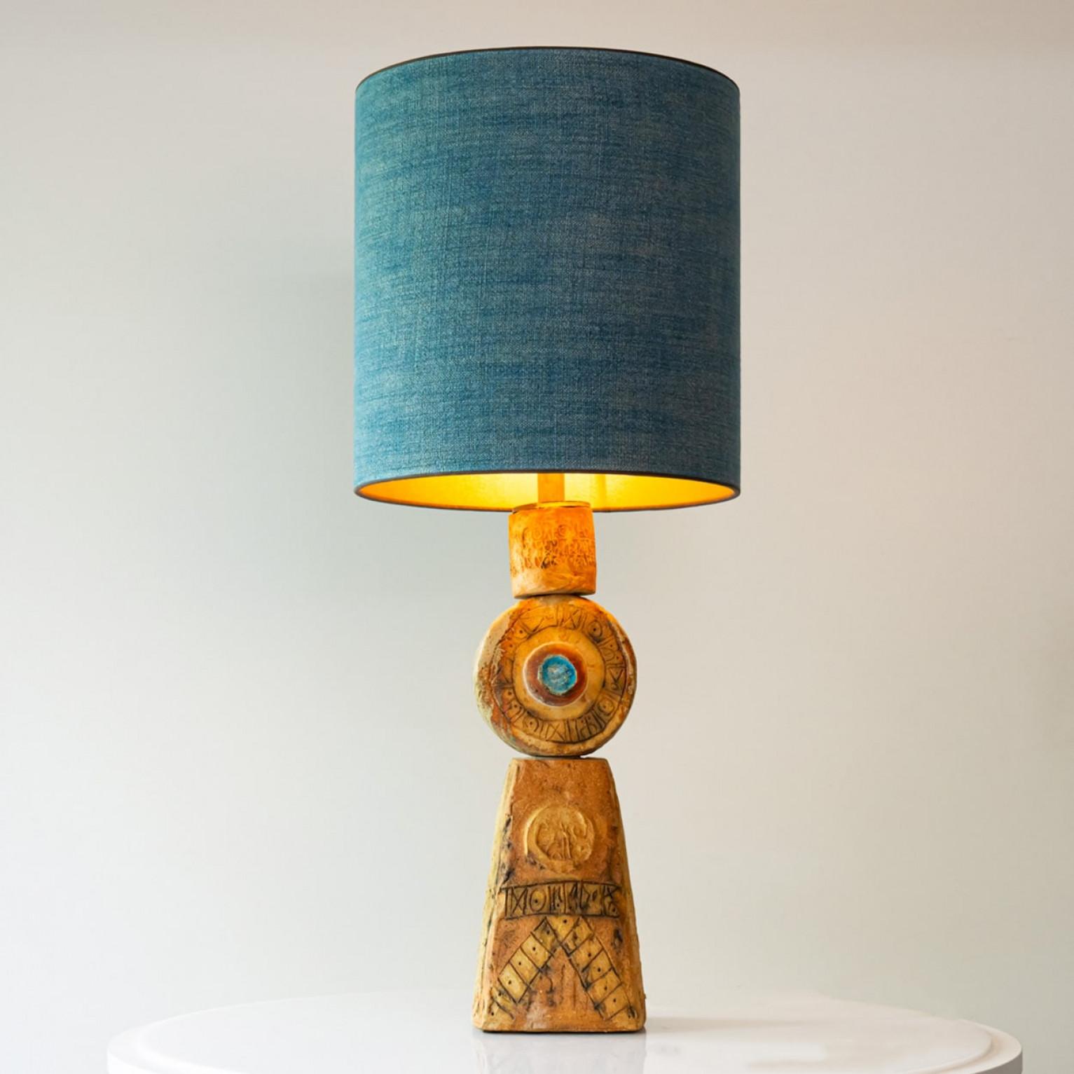XL Keramik-Tischlampe von B. Rooke, neu, blauer Lampenschirm von R. Houben, 1970 1