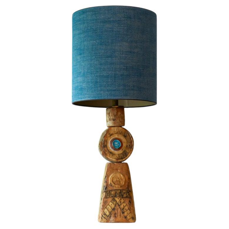 XL Keramik-Tischlampe von B. Rooke, neu, blauer Lampenschirm von R. Houben, 1970