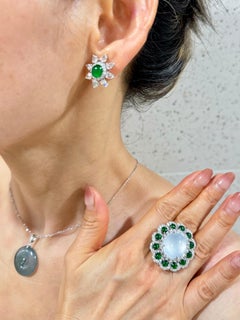 XL Certified 14.65 Cts Icy & Imperial Green Jade, Diamond Ring, Pendant. Two Use
