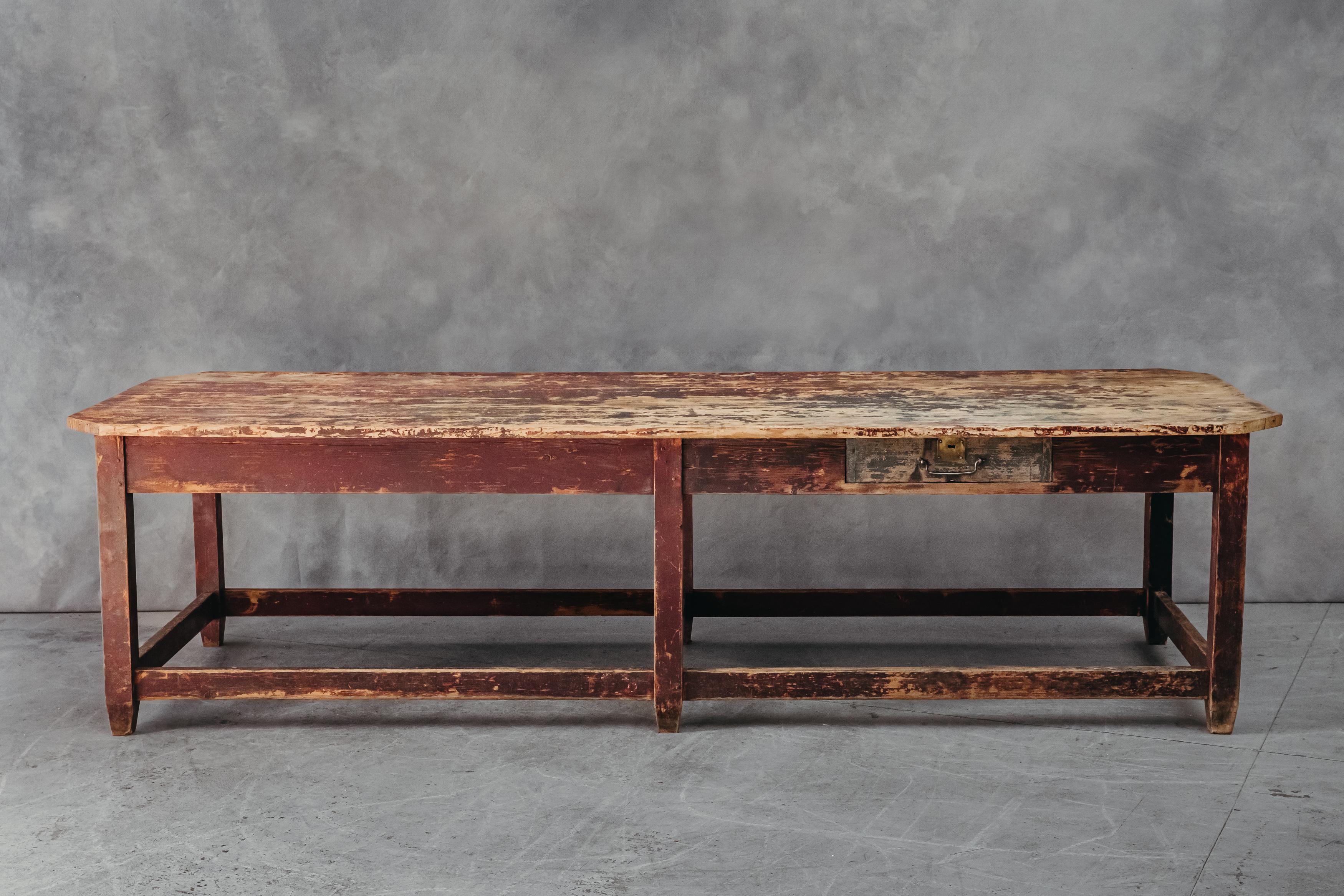 XL console table from France, circa 1940. Solid pine construction with a very nice original patina.

We don't have the time to write an extensive description on each of our pieces. We prefer to speak directly with our clients. So, If you have any
