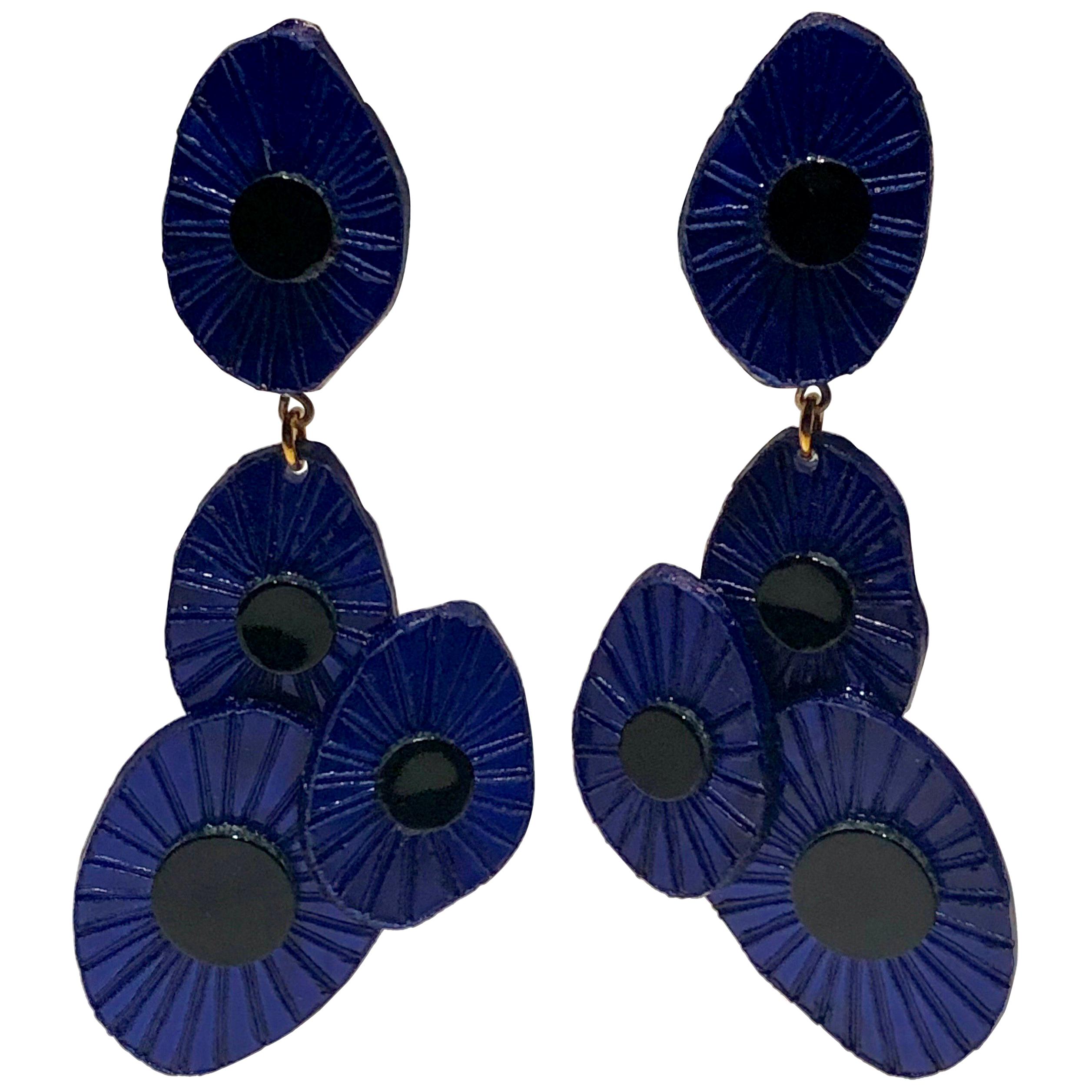 XL Contemporary Black/Blue Abstract Statement Earrings 