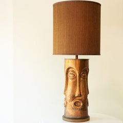 XL Copper Walnut Wood Floor Lamp with Faces, New Lampshade by R. Houben, 1970