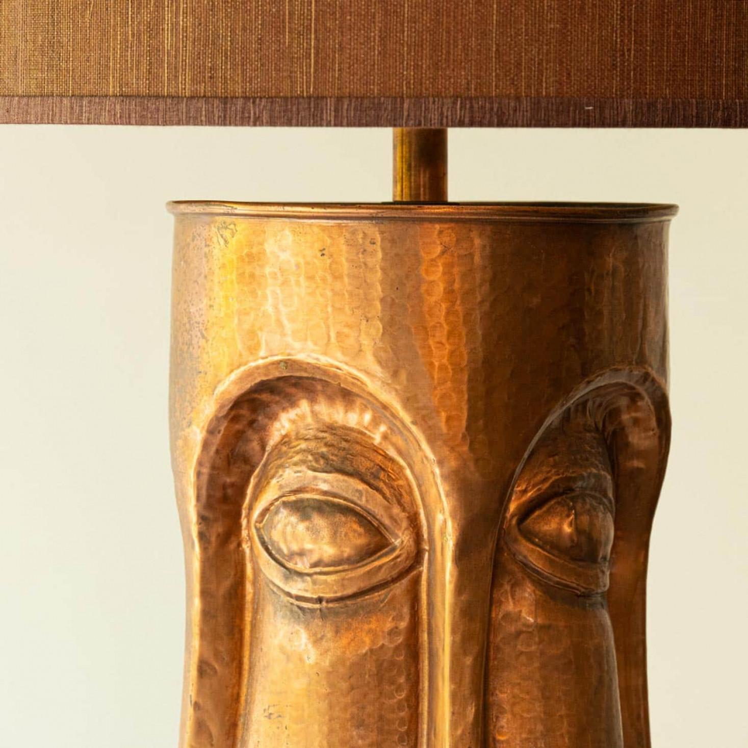Mid-Century Modern XL Copper Walnut Wood Floor Lamp with Faces, New Lampshade by R. Houben, 1970 For Sale