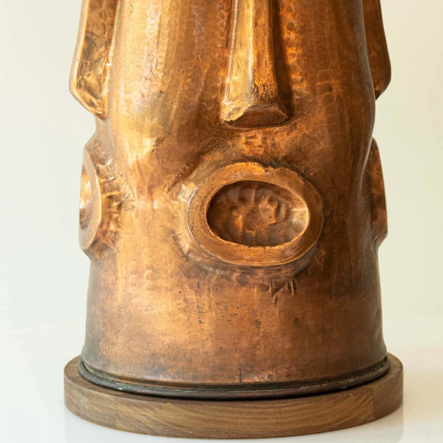 French XL Copper Walnut Wood Floor Lamp with Faces, New Lampshade by R. Houben, 1970 For Sale
