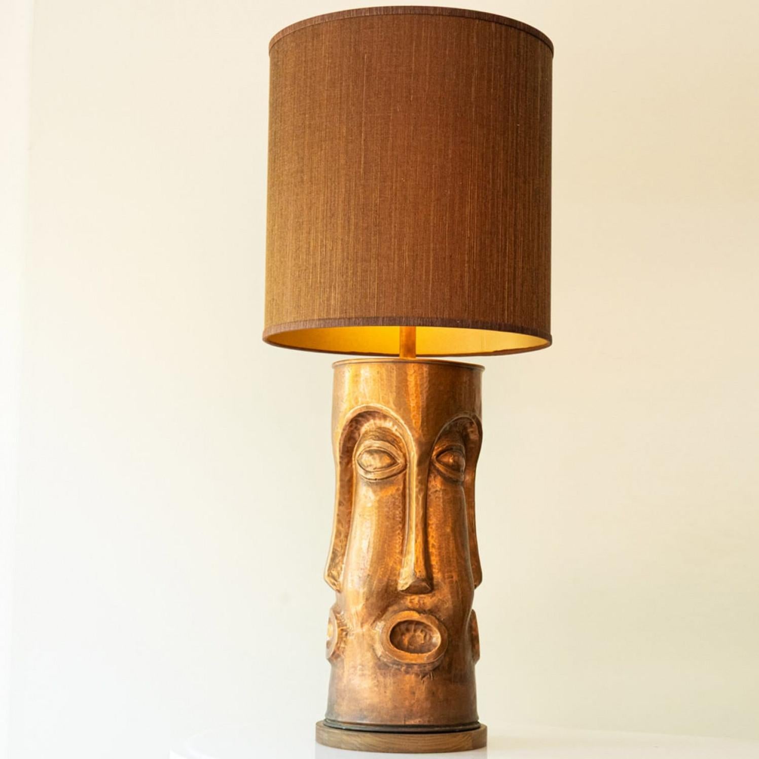 French XL Copper Walnut Wood Floor Lamp with Faces, New Lampshade by R. Houben, 1970 For Sale