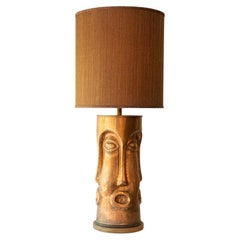 XL Copper Walnut Wood Floor Lamp with Faces, New Lampshade by R. Houben, 1970