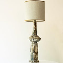XL Dark Brown Off White Sand Ceramic Lamp, Silk Lampshade by R. Houben