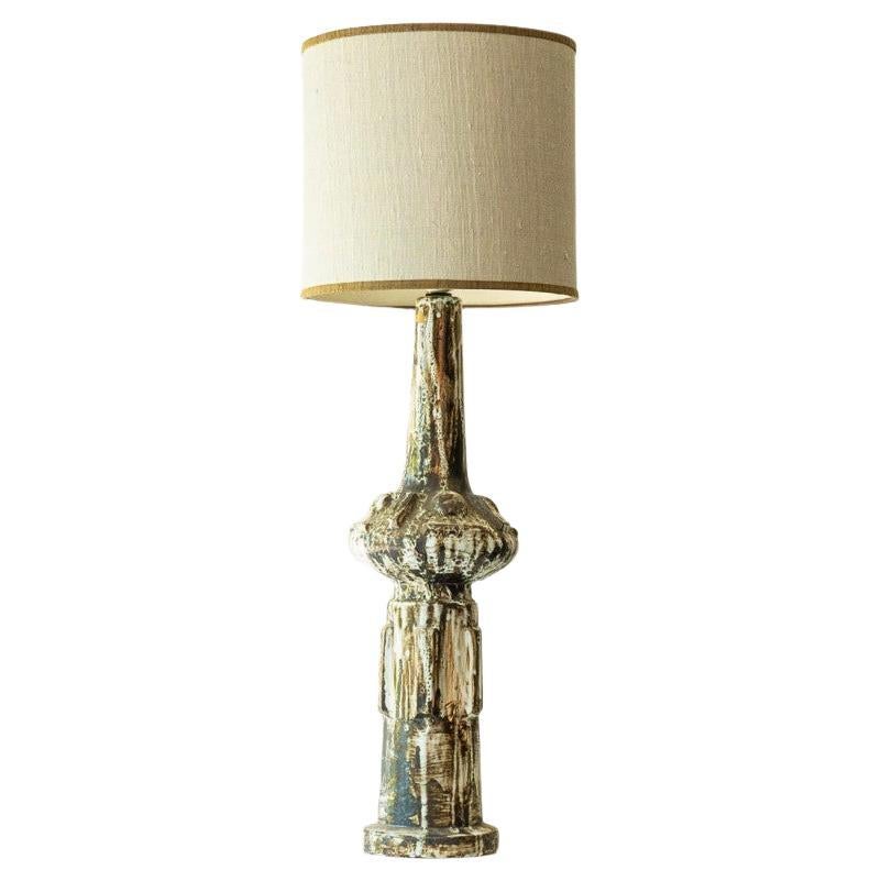 XL Dark Brown Off White Sand Ceramic Lamp, Silk Lampshade by R. Houben