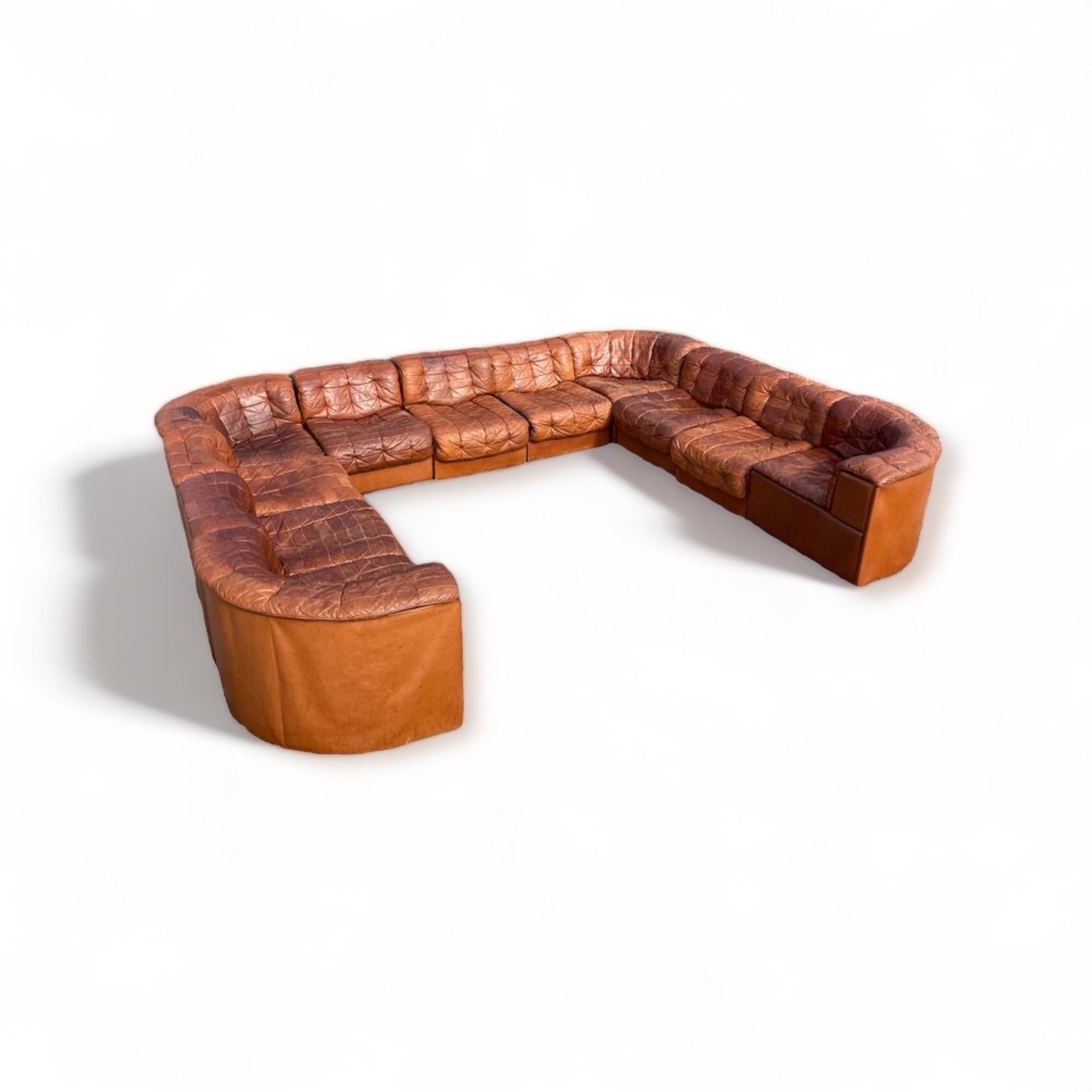 Mid-Century Modern De Sede DS 11 Modular Sofa in Patinated Burnt Orange Cognac Leather, 1970s For Sale
