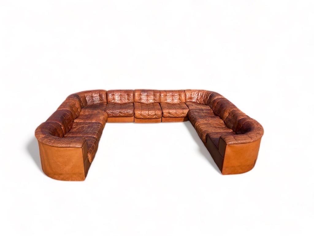 Swiss De Sede DS 11 Modular Sofa in Patinated Burnt Orange Cognac Leather, 1970s For Sale