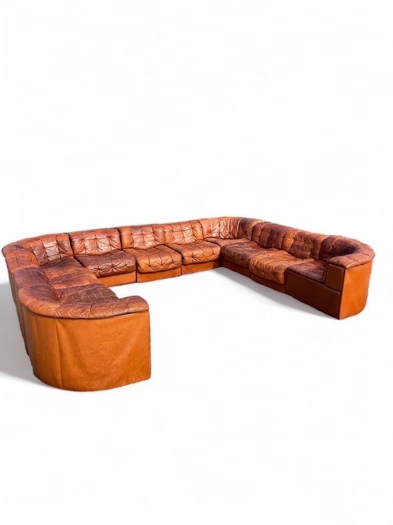 Patchwork De Sede DS 11 Modular Sofa in Patinated Burnt Orange Cognac Leather, 1970s For Sale