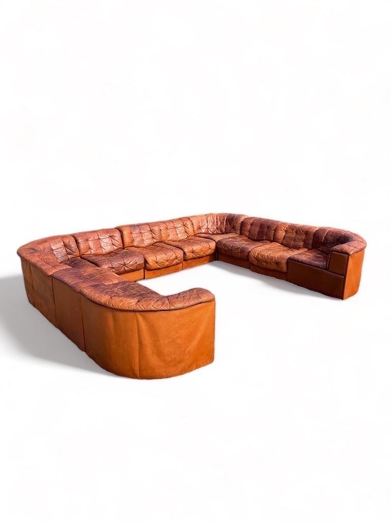 Late 20th Century De Sede DS 11 Modular Sofa in Patinated Burnt Orange Cognac Leather, 1970s For Sale