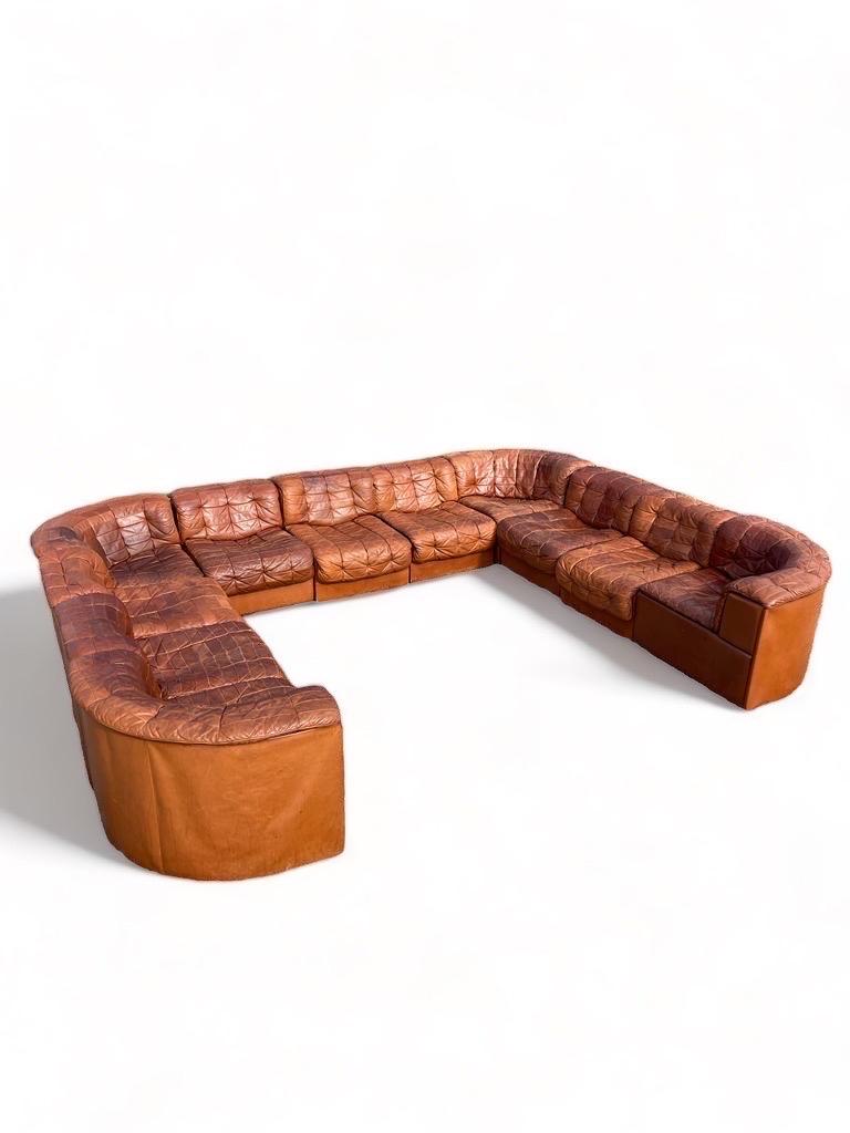De Sede DS 11 Modular Sofa in Patinated Burnt Orange Cognac Leather, 1970s For Sale 1